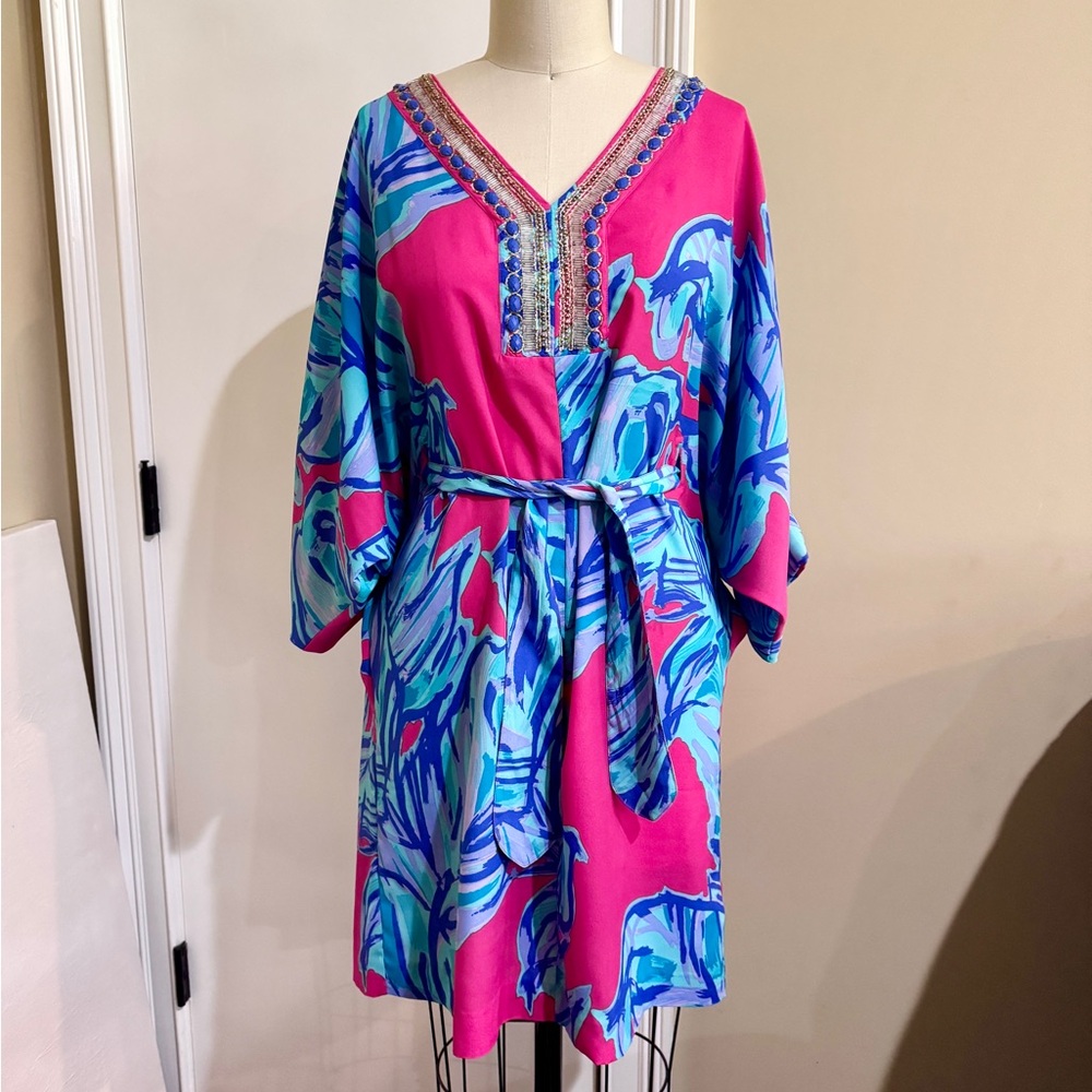 Lilly Pulitzer Pink and Blue Cocktail Dress Wilda Caftan Chic Pink Sway